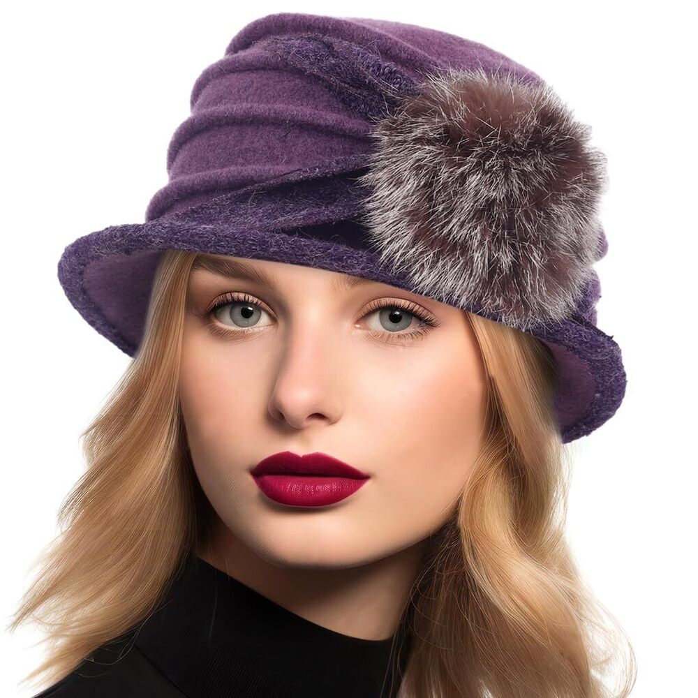 9327 Women Vintage Felt Bucket Hat Winter Wool Dress Beret Hat (c030-purple)